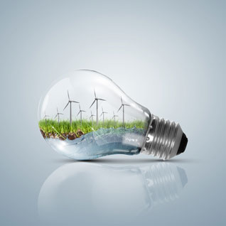 電球の中に草地と風力発電機