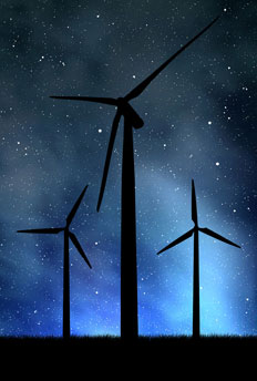 夜空と星空の下に立つ風力発電機。